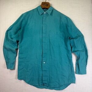VTG Linen Irish Teal Summer Boho Montebello Mens M Shirt Teal Long Sleeve Button